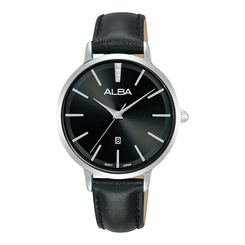 Alba Fashion AH7CD9X1 Ladies Black Dial Black Leather Strap
