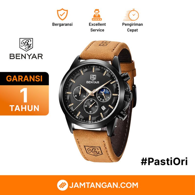 Benyar BY-5160LE-BLKBLK Chronograph Black Dial Brown Leather Strap