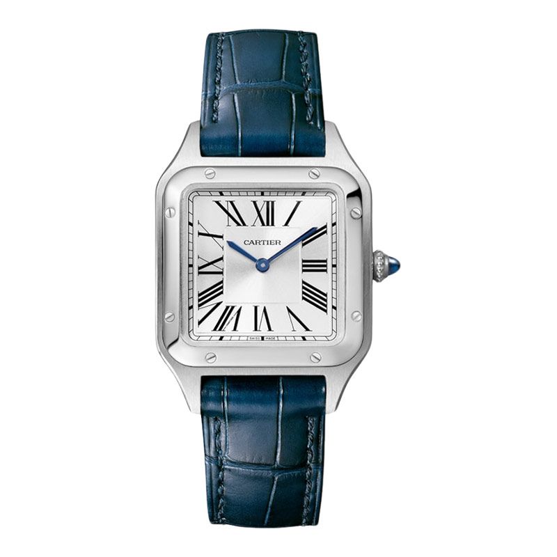 Cartier Santos Dumont WSSA0023 Ladies Silver Sunray Dial Navy Blue