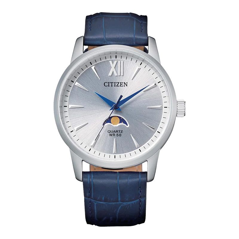 Citizen Classic AK5000-03A Men Moon Phase Silver Dial Blue Leather Strap