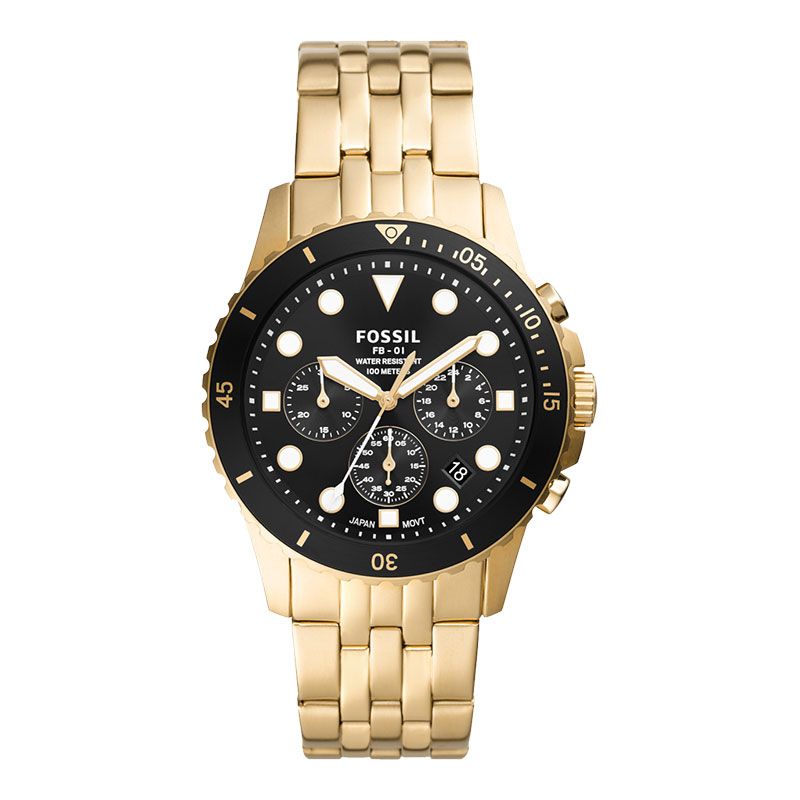 Fossil FB-01 FS5836 Chronograph Men Black Dial Gold Stainless Steel Strap