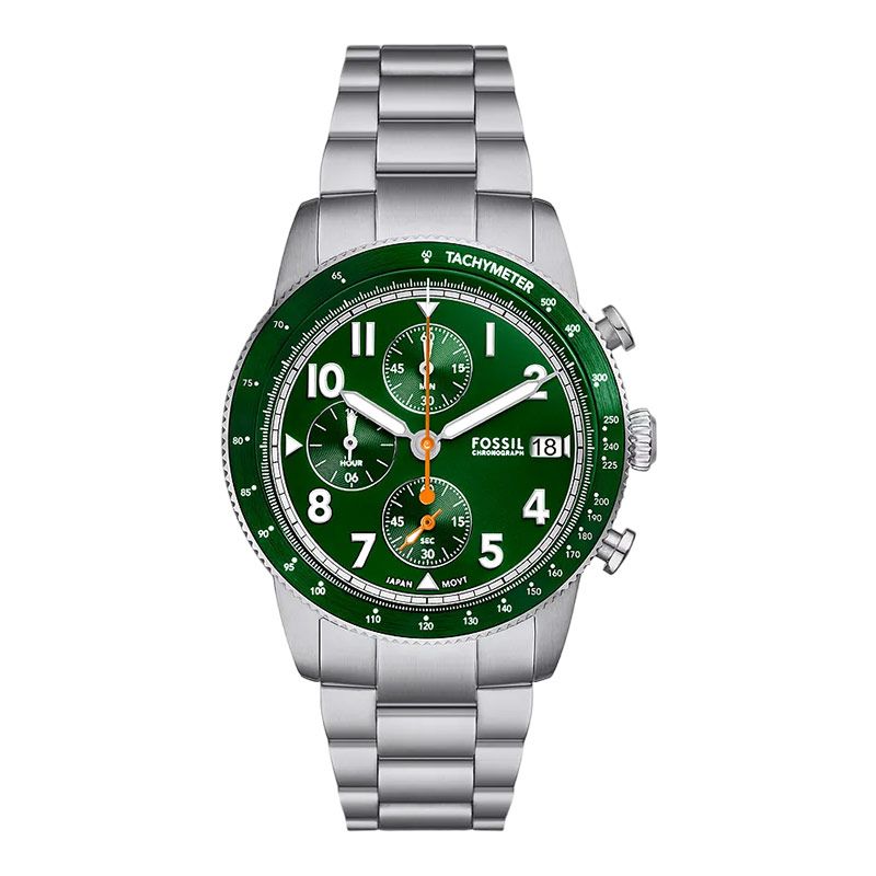 Fossil Sport Tourer FS6048 Men Chronograph Green Dial Stainless Steel Strap