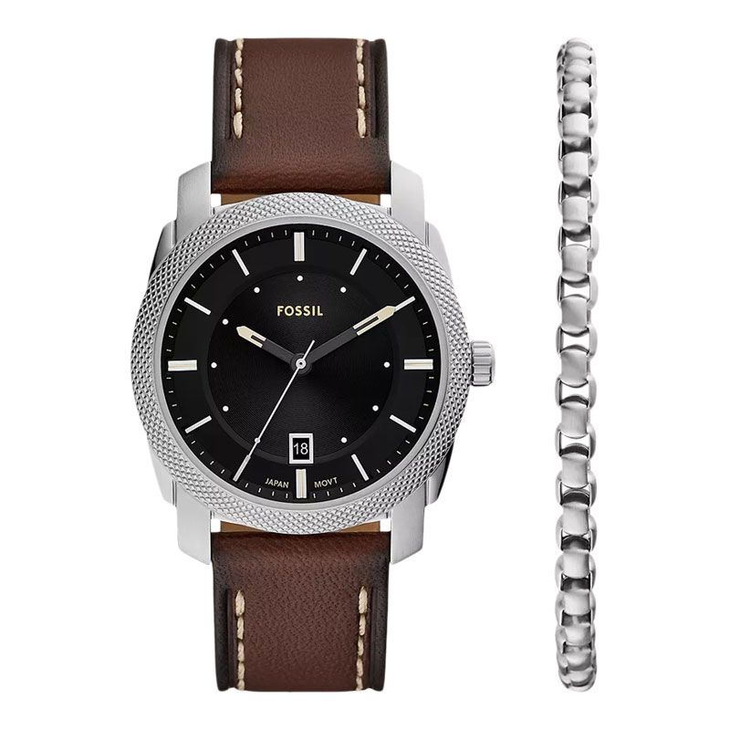 Fossil Machine FS6081SET Black Dial Brown Leather Strap + Extra