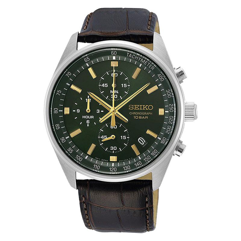 Seiko Chronograph SSB385 SSB385P1 Green Dial Brown Leather Strap