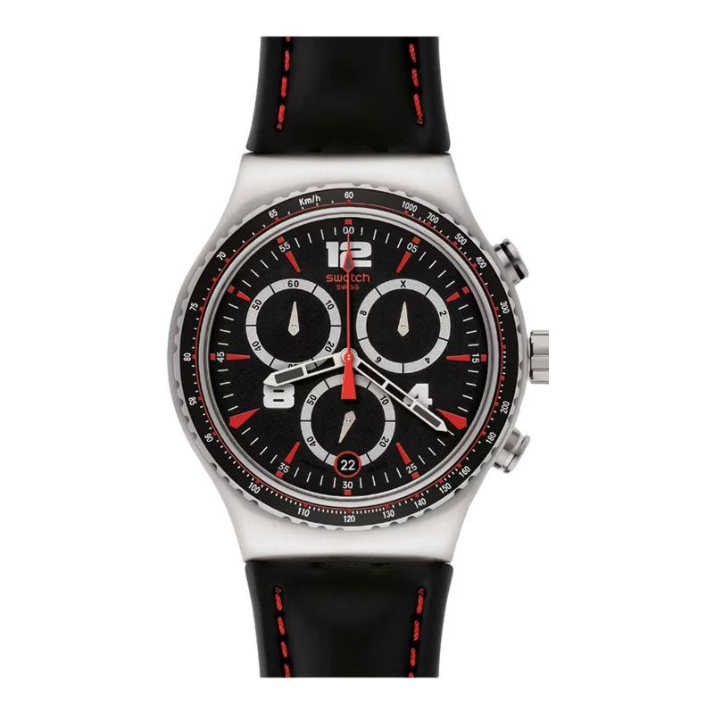 Swatch Irony YVS404 Pudong Chronograph Black Dial Black Leather Strap