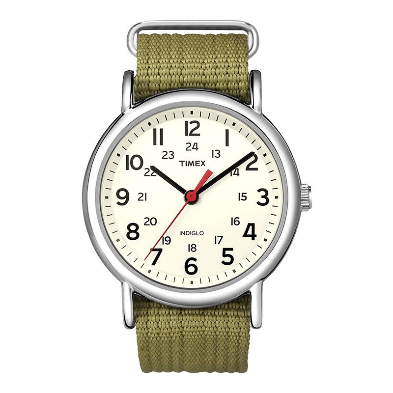 Timex Weekender Slip-Thru T2N651 Indiglo White Dial Green Olive Nylon Strap