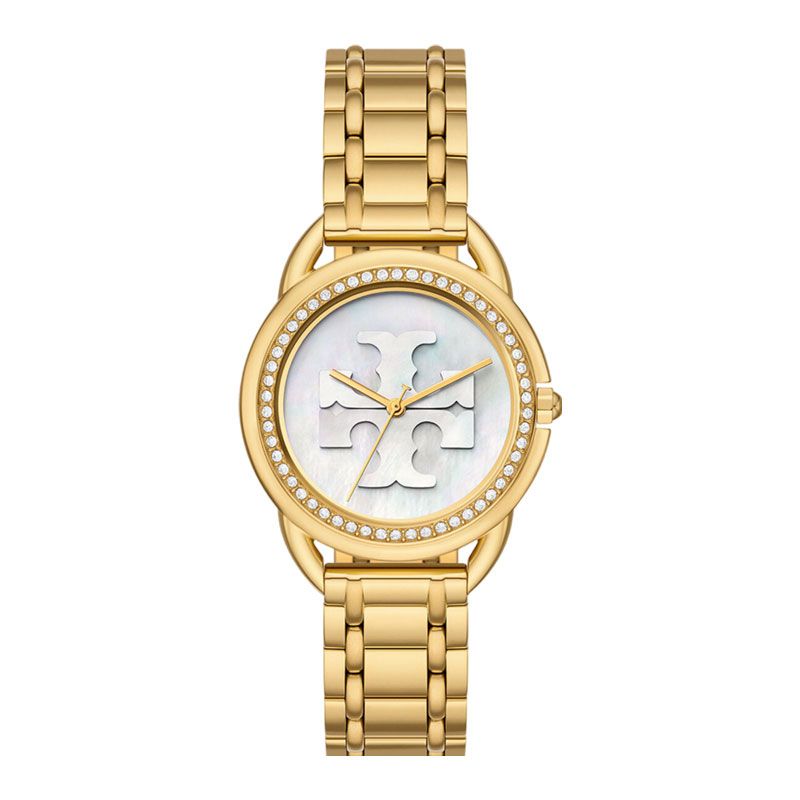 Tory Burch Miller TBW7230 Ladies Silver Mother Of Pearl Dial Gold Stainless  Steel Strap