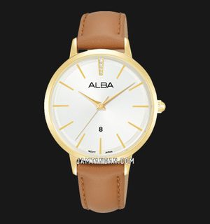 Alba Fashion AH7CD8X1 Ladies Silver White Dial Brown Leather Strap