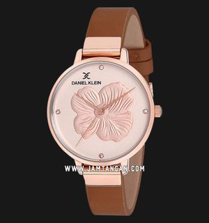 Daniel Klein Trendy DK12047-2 Ladies Rose Gold Flower Motif Dial Brown Leather Strap
