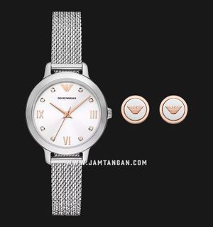 Emporio Armani Fashion AR80065SET Ladies Silver Dial Mesh Strap + Earrings Set