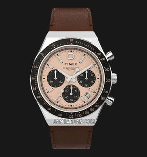 Timex Q TW2W51800 Men Chronograph Rose Gold Dial Brown Leather Strap