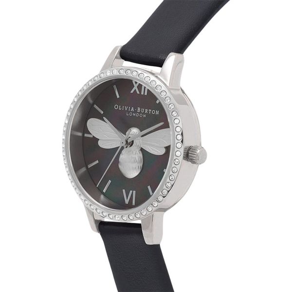 Olivia Burton Lucky Bee OB16BB13 Mother Of Pearl Dial Black Leather Strap
