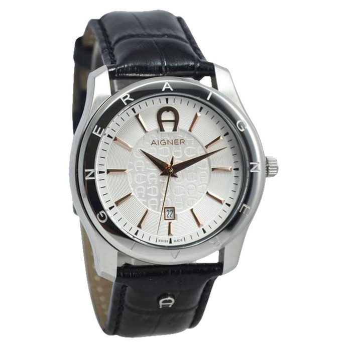Aigner Lazio II A32190B Men White Pattern Dial Black Leather Strap