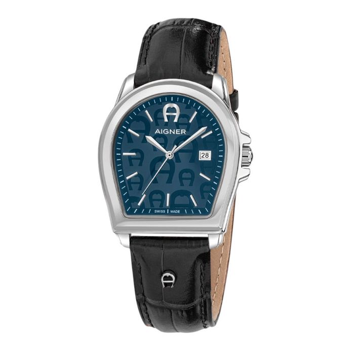 Aigner Verona ARWGA4810006 Blue Pattern Dial Black Leather Strap