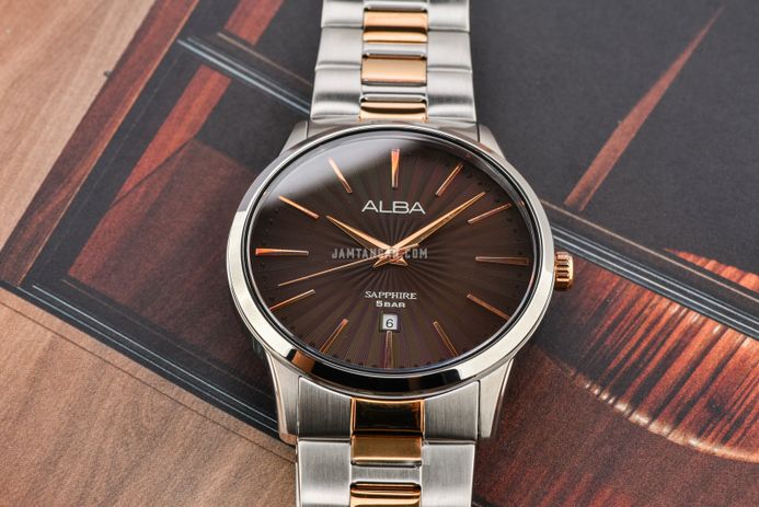 Alba Prestige AG8L13X1 Men Brown Patterned Dial Dual Tone Stainless Steel Strap