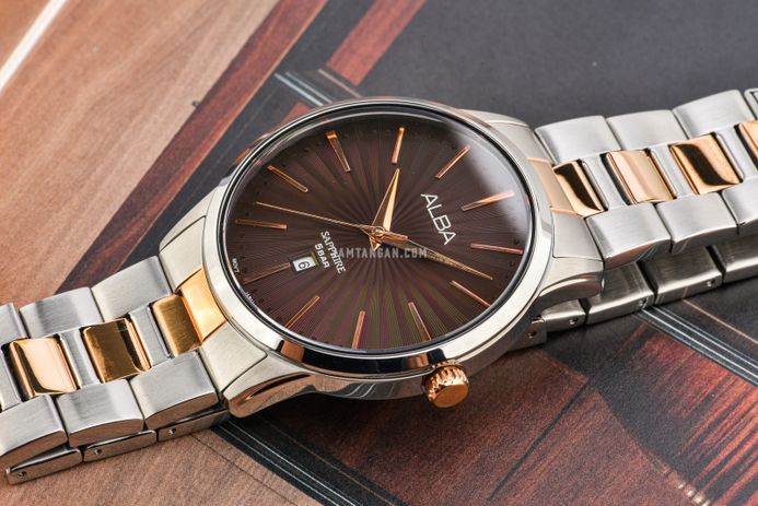Alba Prestige AG8L13X1 Men Brown Patterned Dial Dual Tone Stainless Steel Strap