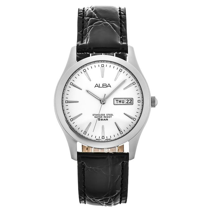 Alba AXND63X1 Men White Dial Black Leather Strap | JAMTANGAN.COM