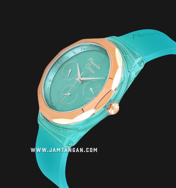 Alexandre Christie Multifunction AC 2808 BF RRGGN Ladies Green Dial Green Solid Rubber Strap