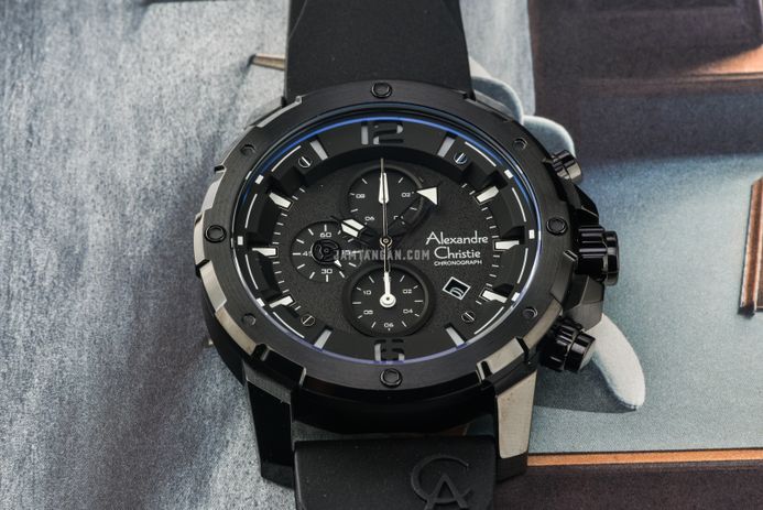 Alexandre Christie Chronograph AC 6410 MC RIPBA Men Black Dial Black Rubber Strap