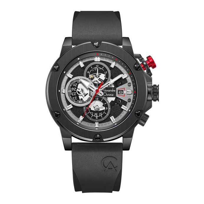 Alexandre Christie Chronograph AC 6491 BC RIPBARE Men Skeleton Dial Black  Rubber Strap