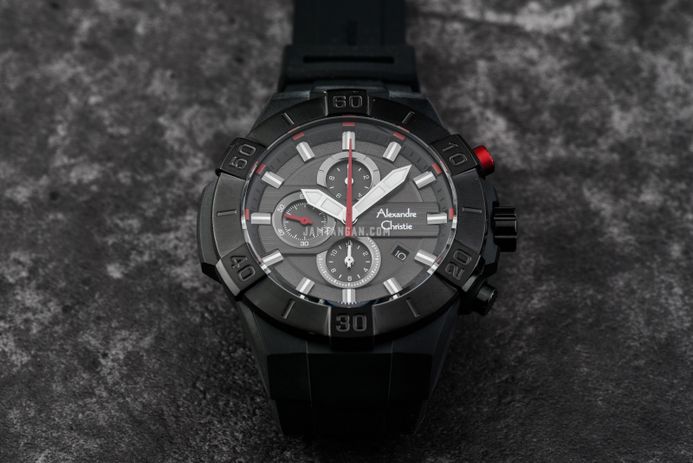 Alexandre Christie Chronograph AC 6649 MC RIPREBA Men Black Dial Black Rubber Strap