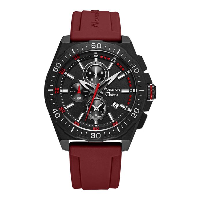 Alexandre Christie Chronograph AC 6689 MC RIPBARE Men Black Dial Red Rubber  Strap