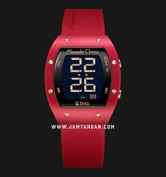 Alexandre Christie Digi AC 9360 LH RRGBARE Ladies Black Digital Dial Red Rubber Strap