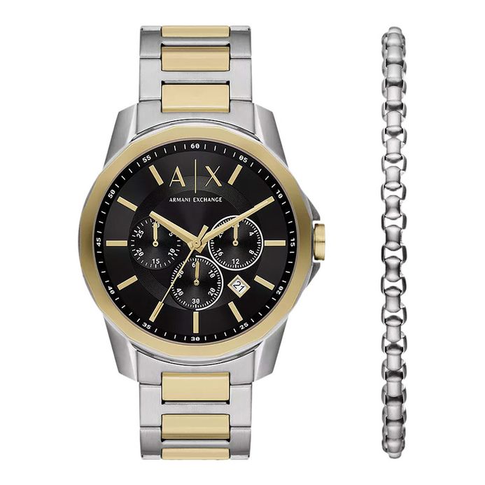 Armani Exchange AX7148SET Men Chronograph Black Dial Dual Tone Stainless  Steel Strap Bracelet Set