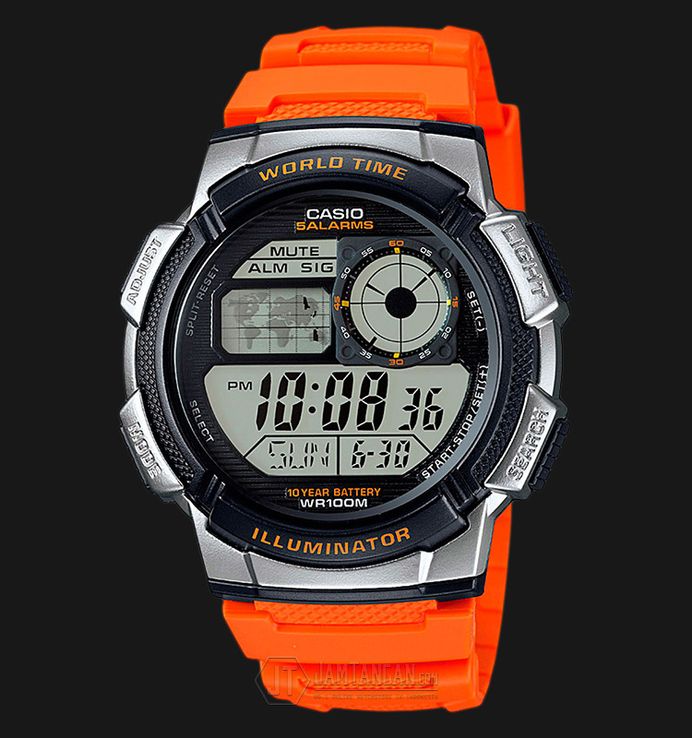Casio General AE-1000W-4BVDF 10 Year Battery Water Resistance 100M Orange Resin Band