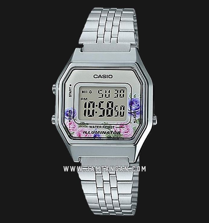 Casio General LA680WA-4CDF Ladies Flower Design Digital Dial Stainless Steel Band
