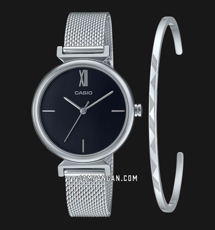 Casio General LTP-2023VM-1CDR Black Dial Mesh Band + Bangle