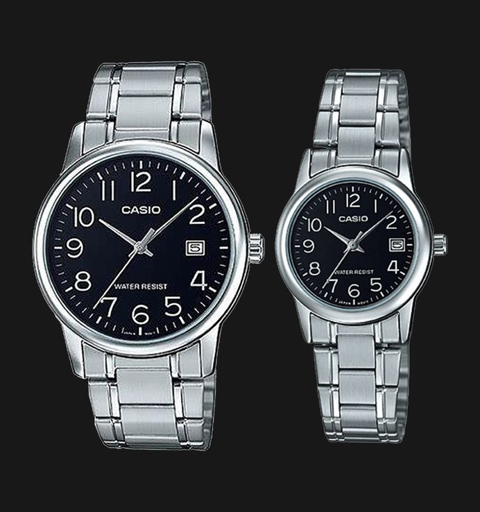 Casio General LTP-V002D-1BUDF_MTP-V002D-1BUDF Couple Analog Black Dial Stainless Steel Band