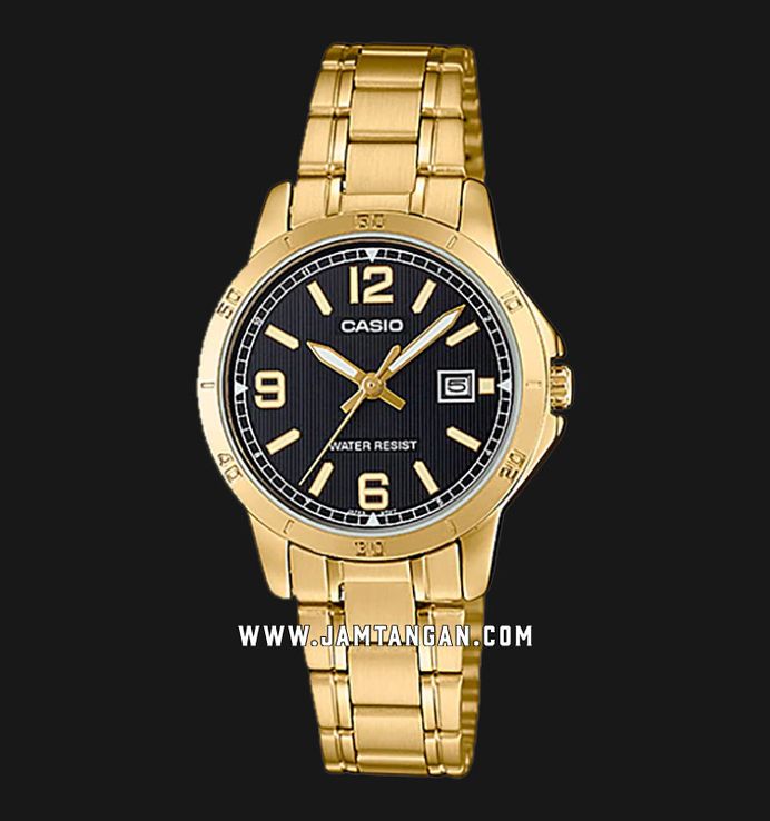 Casio General LTP-V004G-1BUDF Ladies Black Dial Gold Stainless Steel Band