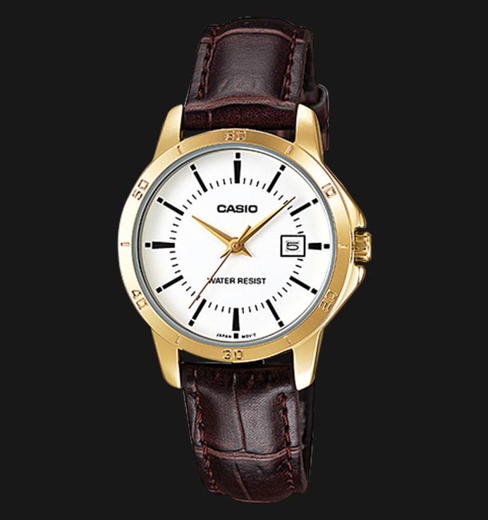 Casio General LTP-V004GL-7AUDF Ladies White Dial Brown Leather Band