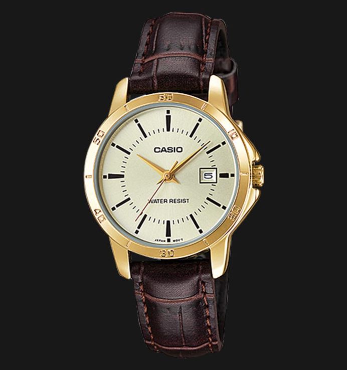 Casio General LTP-V004GL-9AUDF Ladies Champagne Dial Brown Leather Band