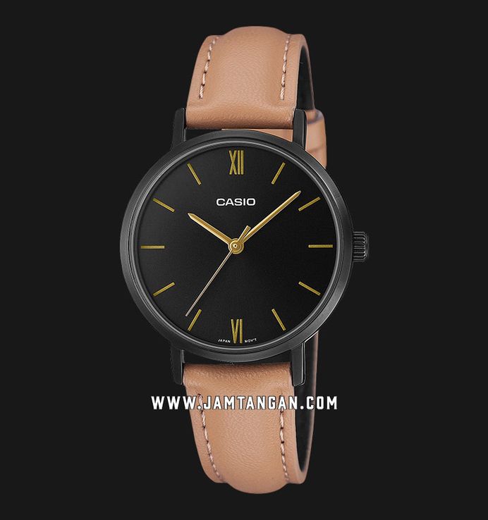 Casio General LTP-VT02BL-1AUDF Ladies Black Dial Tan Leather Band