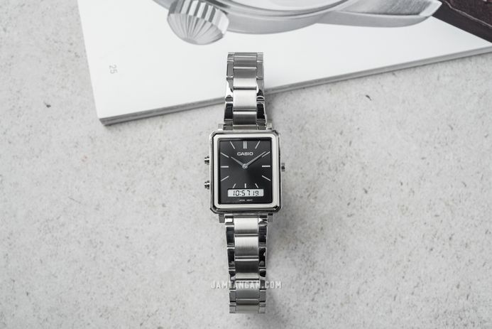 Casio General MTP-B205D-1EDF Men Black Digital Analog Dial Silver Stainless Steel Band