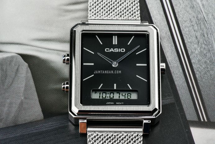 Casio General MTP-B205M-1EDF Men Black Digital Analog Dial Silver Mesh Band