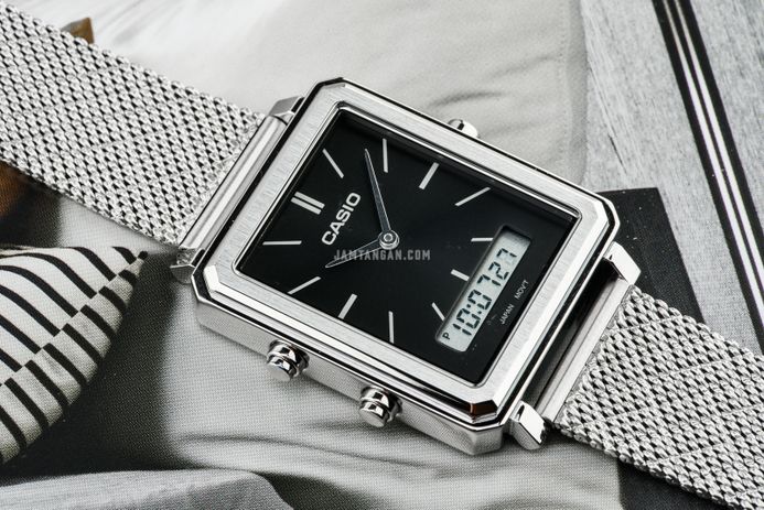 Casio General MTP-B205M-1EDF Men Black Digital Analog Dial Silver Mesh Band