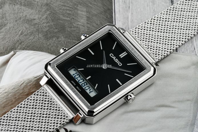 Casio General MTP-B205M-1EDF Men Black Digital Analog Dial Silver Mesh Band