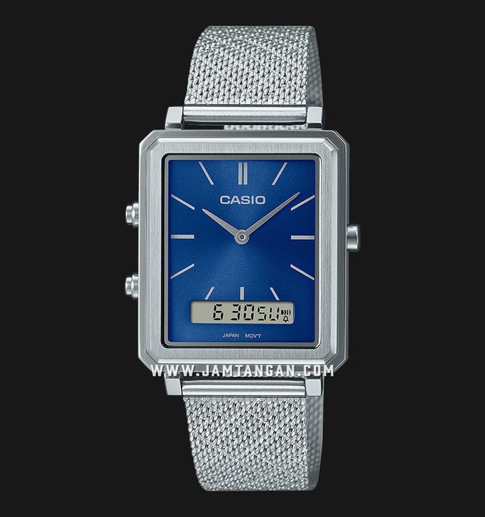 Casio General MTP-B205M-2EDF Men Blue Digital Analog Dial Silver Mesh Band