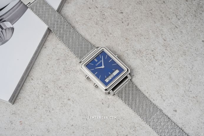 Casio General MTP-B205M-2EDF Men Blue Digital Analog Dial Silver Mesh Band