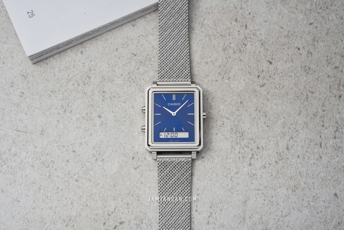 Casio General MTP-B205M-2EDF Men Blue Digital Analog Dial Silver Mesh Band