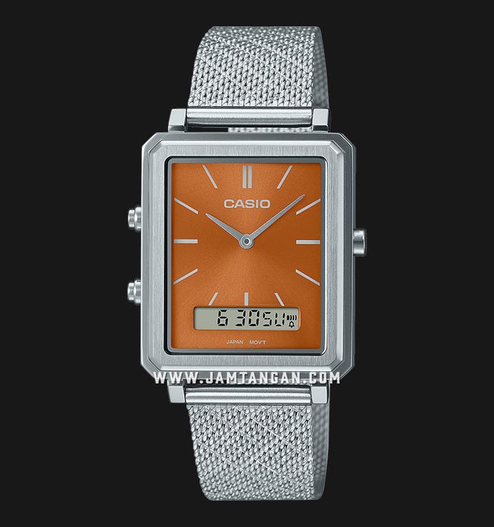 Casio General MTP-B205M-5EDF Men Orange Digital Analog Dial Silver Mesh Band