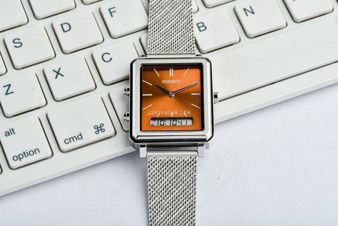 Casio General MTP-B205M-5EDF Men Orange Digital Analog Dial Silver Mesh Band