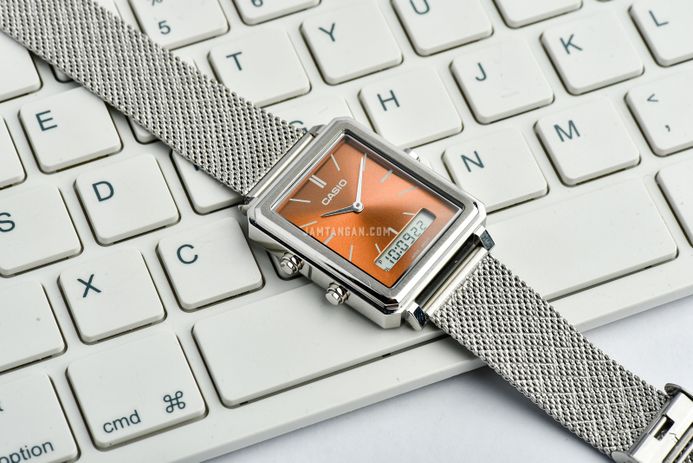 Casio General MTP-B205M-5EDF Men Orange Digital Analog Dial Silver Mesh Band
