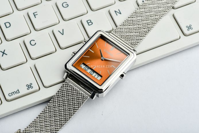 Casio General MTP-B205M-5EDF Men Orange Digital Analog Dial Silver Mesh Band