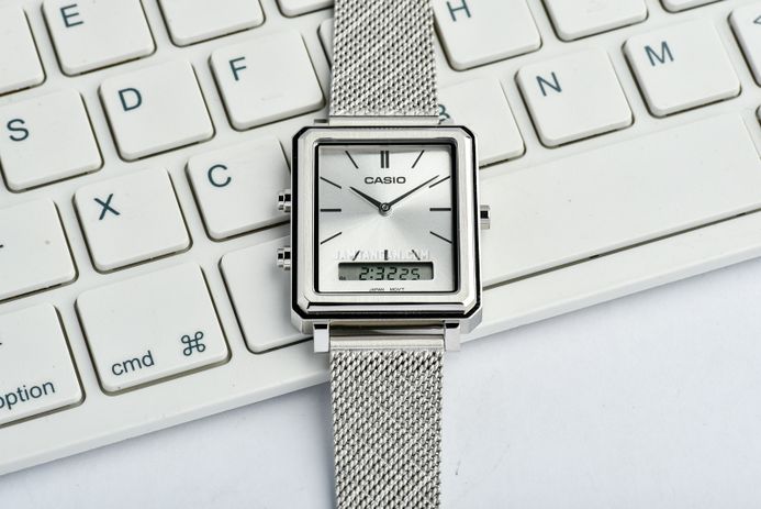 Casio General MTP-B205M-7EDF Men Silver Digital Analog Dial Silver Mesh Band