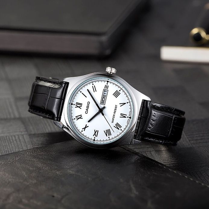 Casio General LTP-V006L-7BUDF_MTP-V006L-7BUDF Couple White Dial Black Leather Band