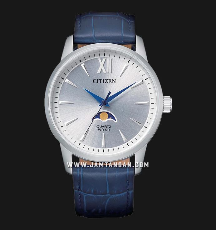 Citizen Classic AK5000-03A Men Moon Phase Silver Dial Blue Leather Strap